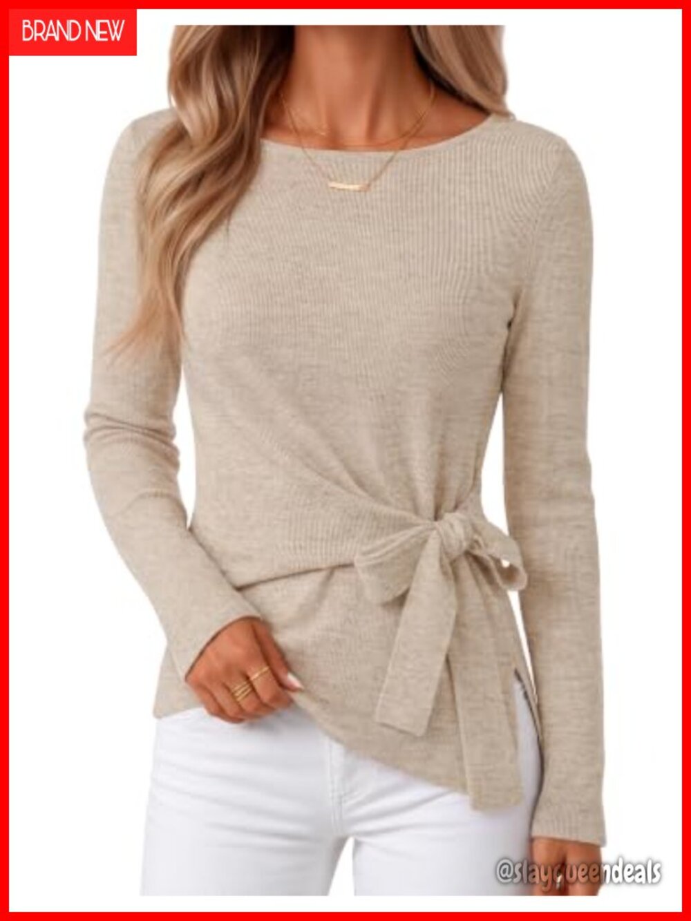 Women's Tie Front Cinched Waist Rib Knit Sweater Pullover Long Sleeve